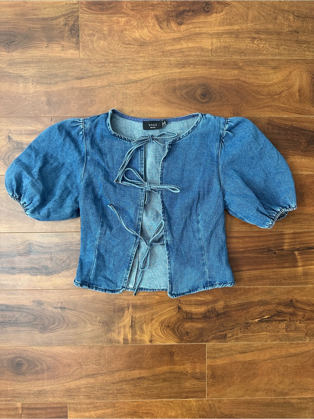 VICI Denim Tie-Front Puff Sleeve Crop Top in Blue